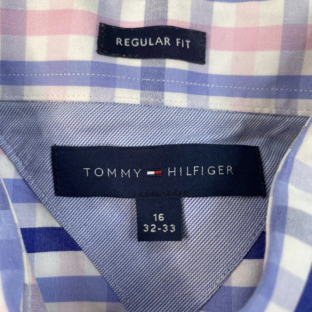Tommy‎ Hilfiger Men's Dress Shirt Blue Plaid Sz 16 32/33 Regular Fit Long Sleeve